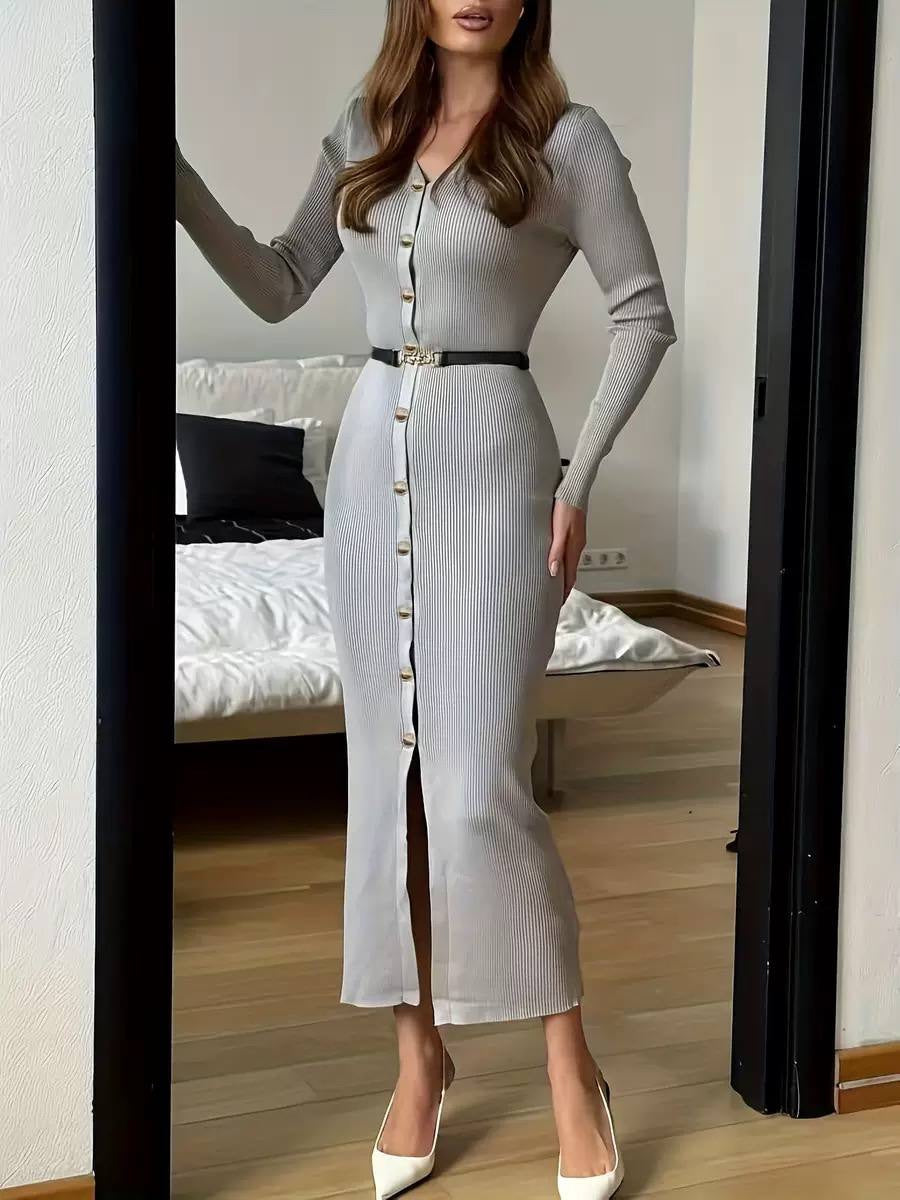 Ribbed V-Neck Long Sleeve Button-Front Midi Dress – Grey