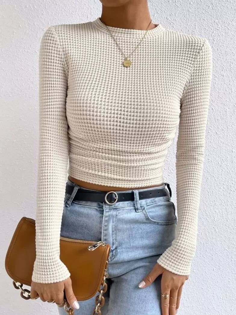 Waffle Textured Crew Neck Long Sleeve Fitted Crop Top – Cream