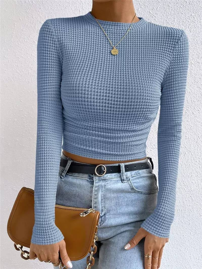 Waffle Textured Crew Neck Long Sleeve Fitted Crop Top – Light Blue