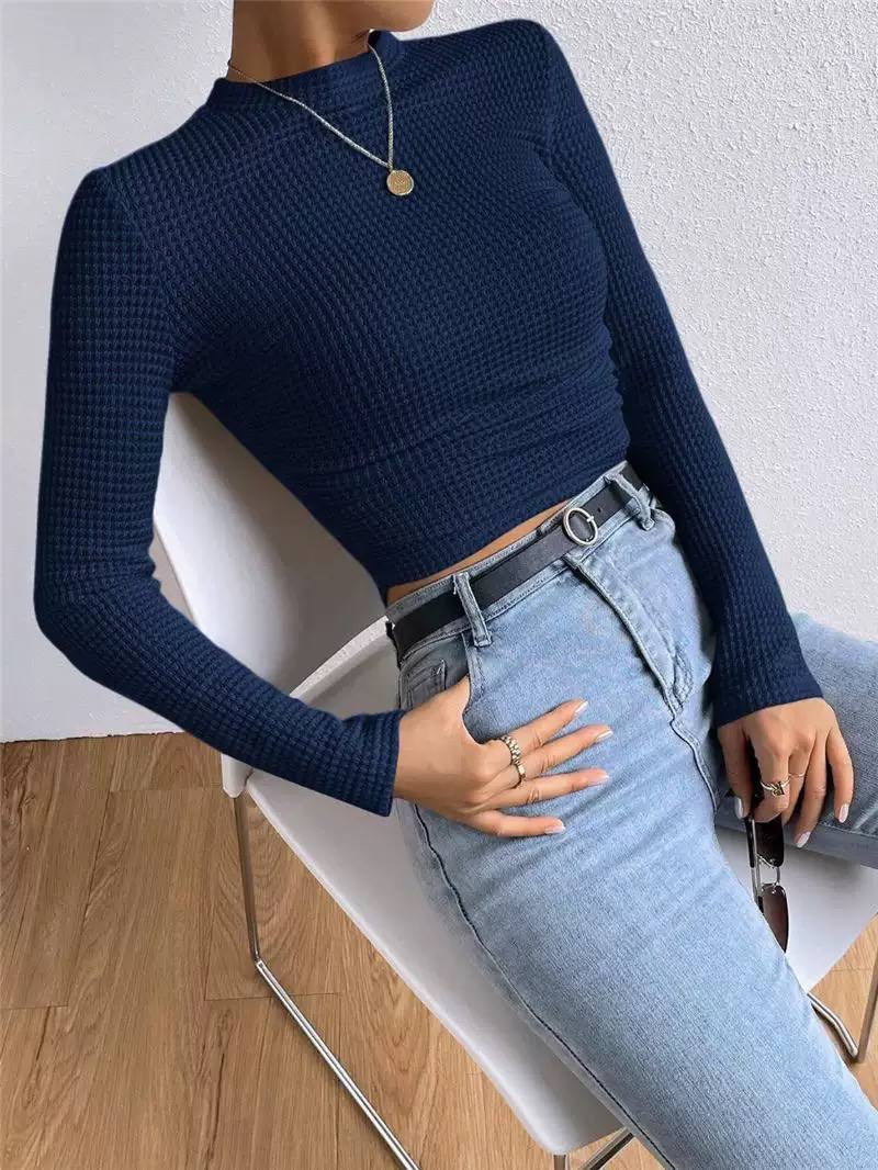 Waffle Textured Crew Neck Long Sleeve Fitted Crop Top – Navy