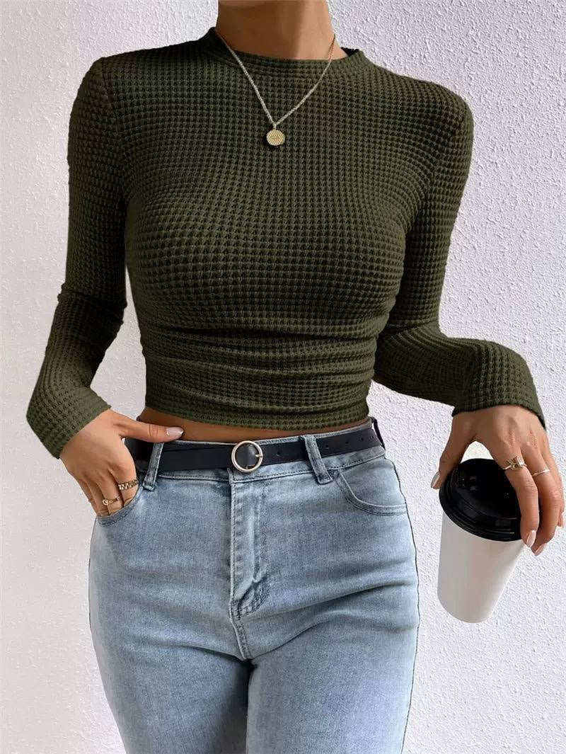 Waffle Textured Crew Neck Long Sleeve Fitted Crop Top – Olive Green