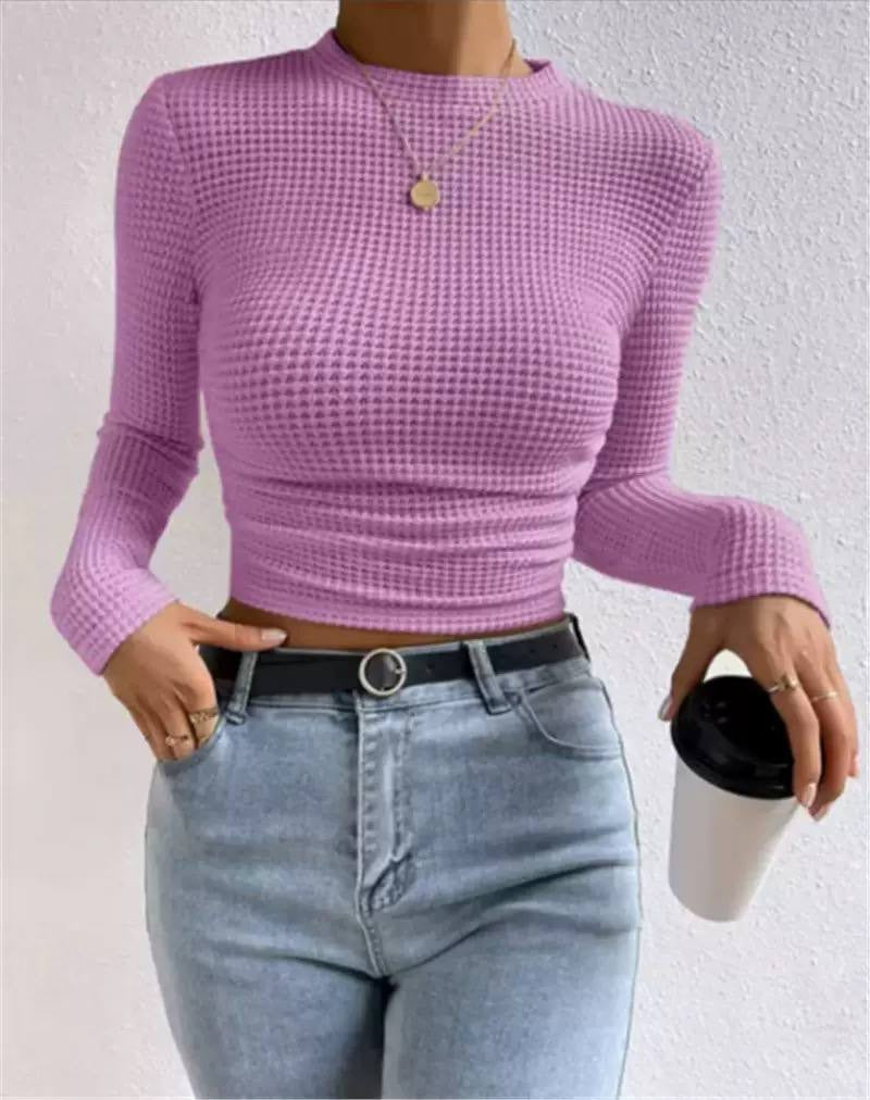 Waffle Textured Crew Neck Long Sleeve Fitted Crop Top – Lilac