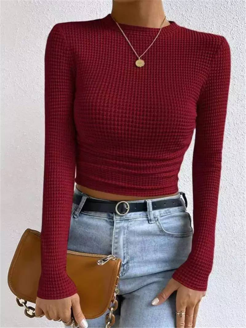 Waffle Textured Crew Neck Long Sleeve Fitted Crop Top – Burgundy