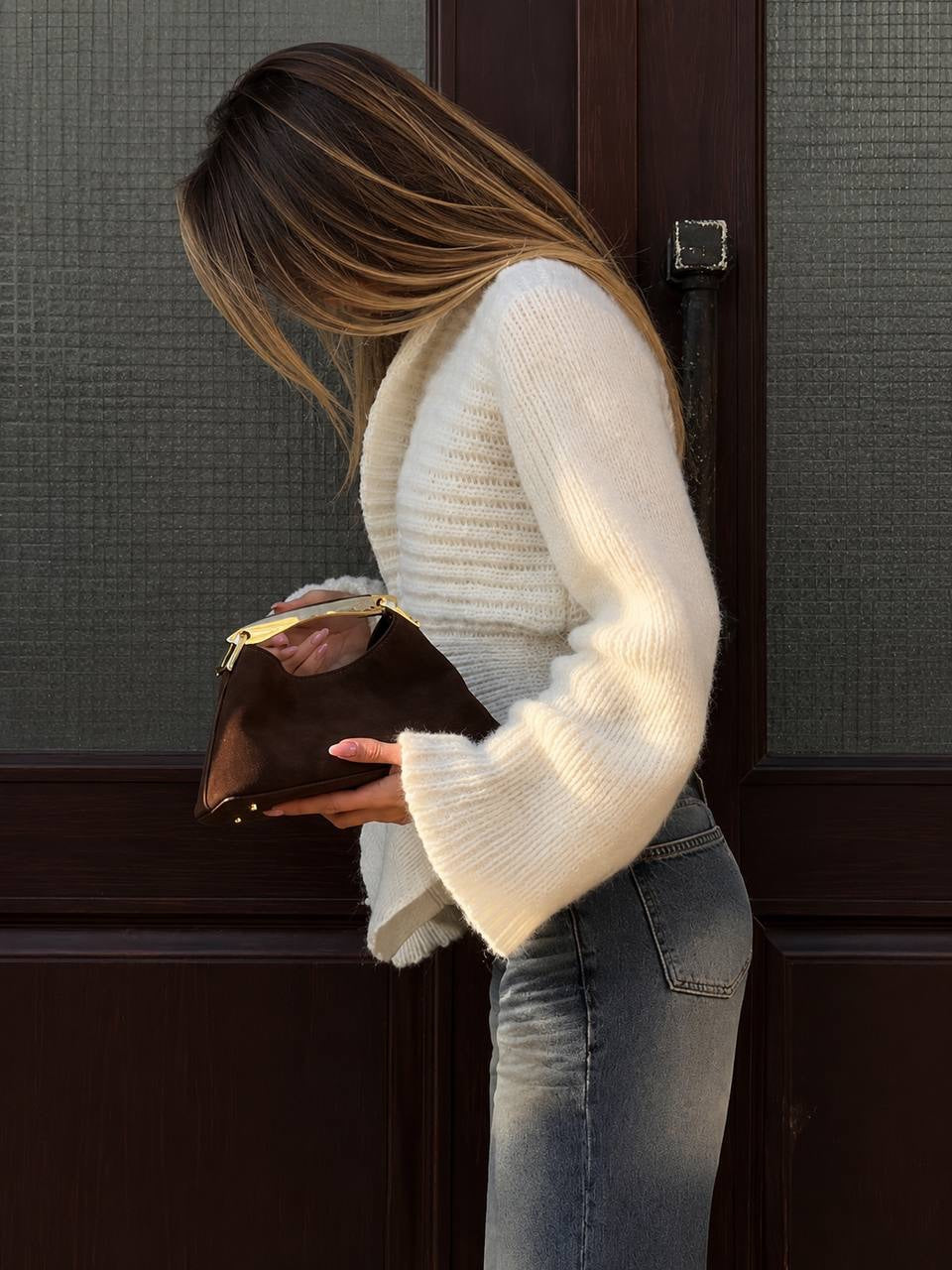 Single-Button Knit Cardigan With Flared Long Sleeves – Cream