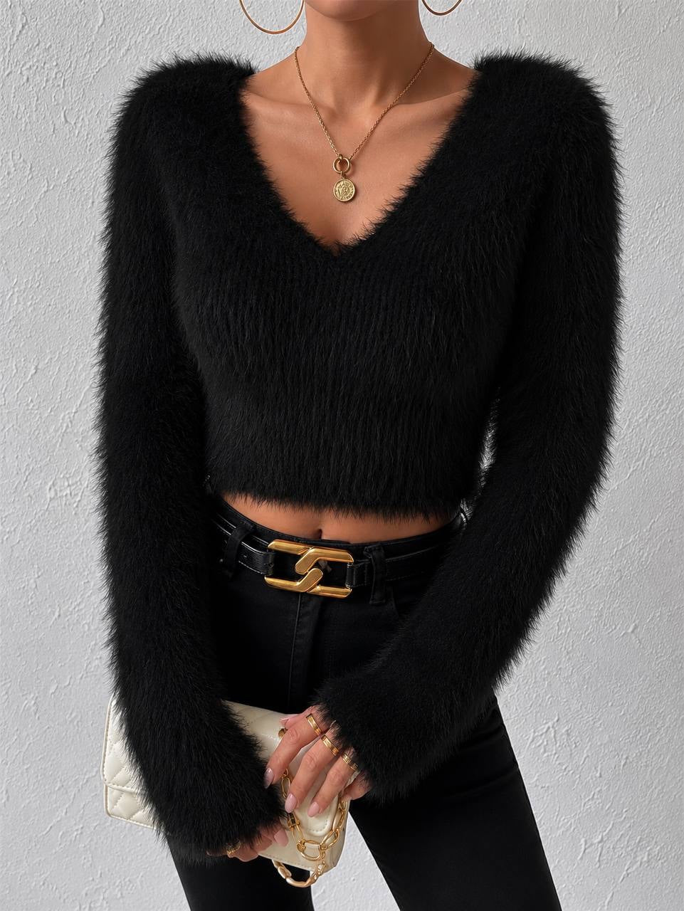 Fuzzy V-Neck Cropped Sweater With Long Flared Sleeves – Black