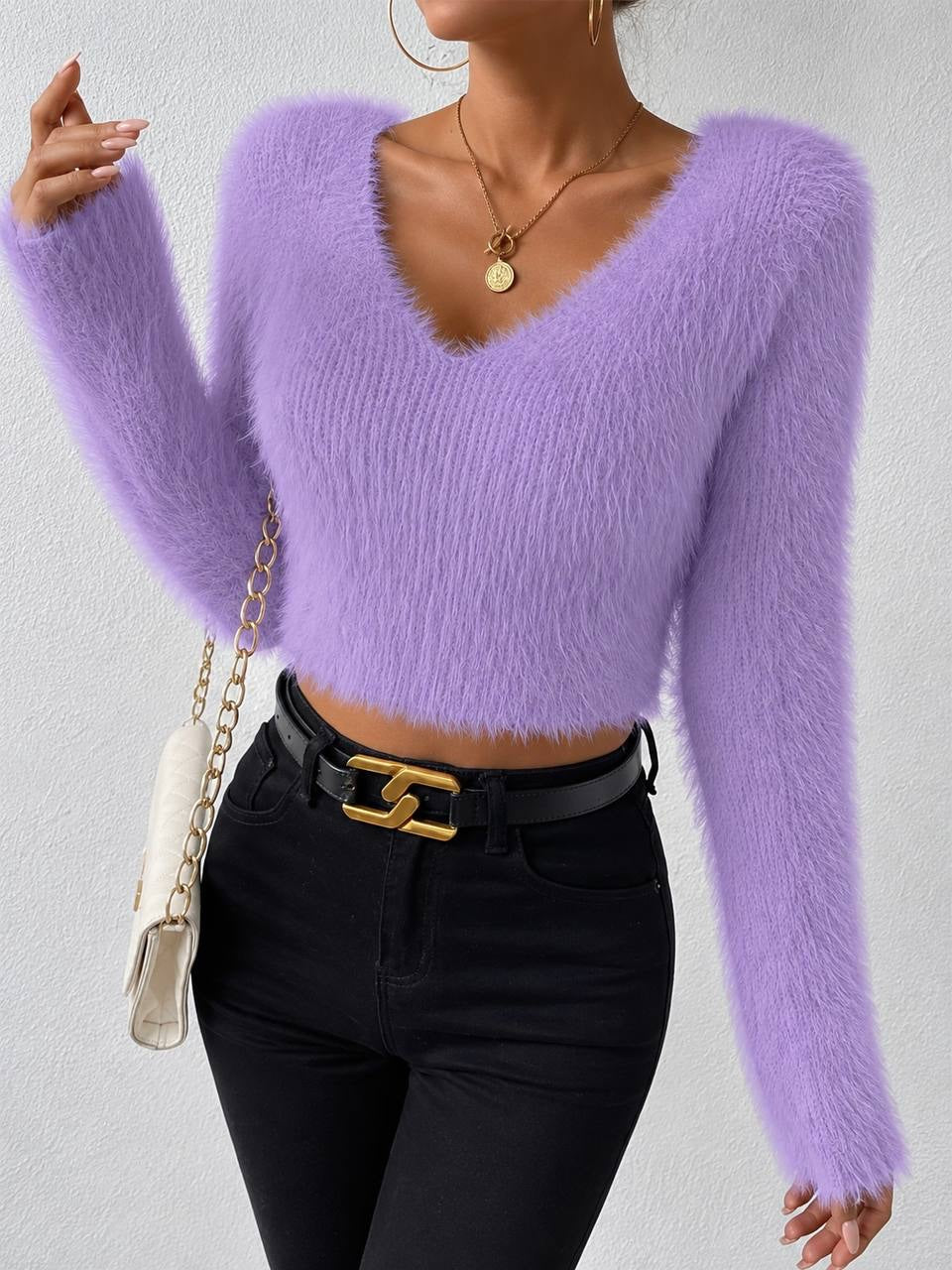 Fuzzy V-Neck Cropped Sweater With Long Flared Sleeves – Lilac