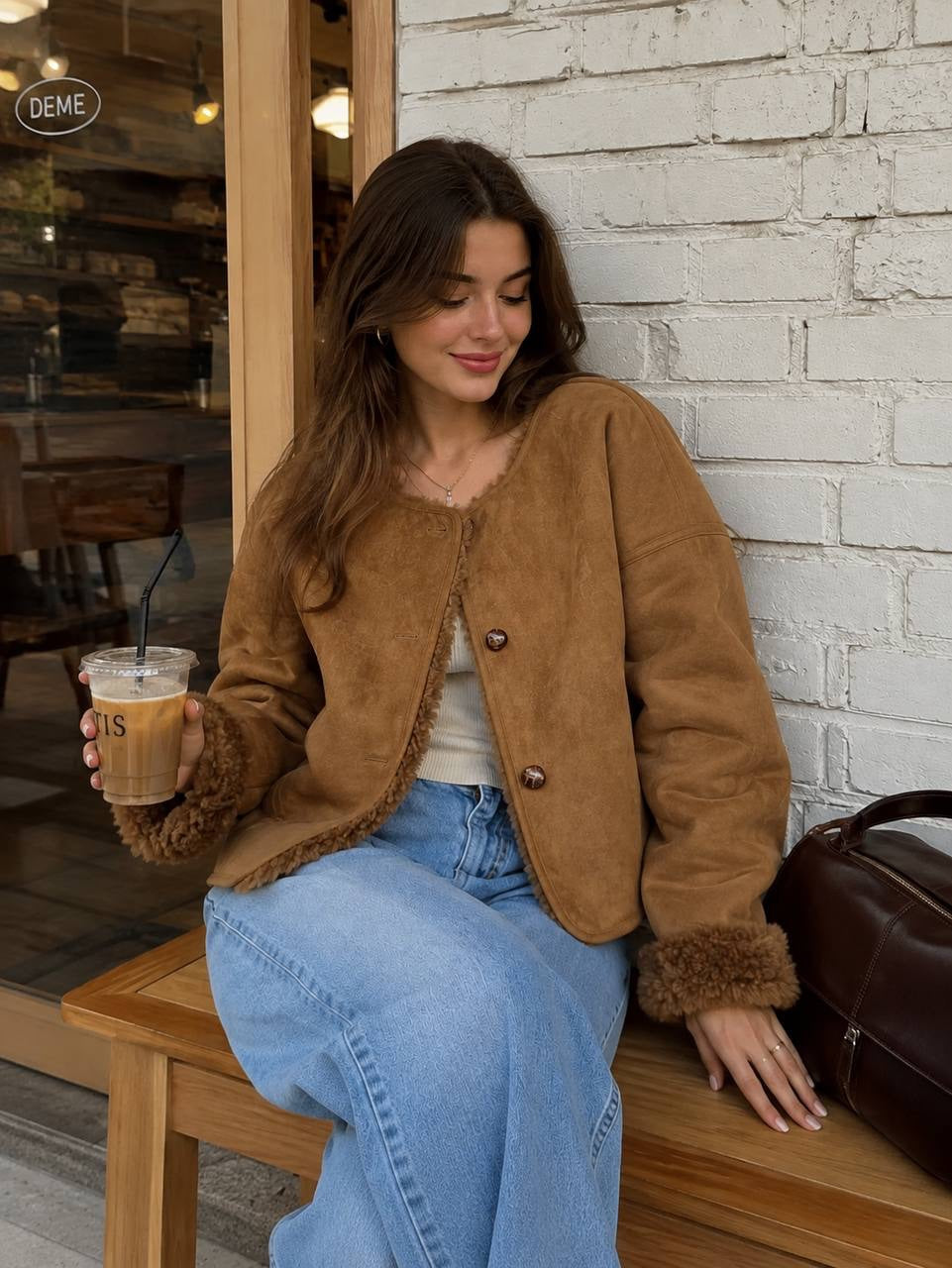 Relaxed Button-Front Jacket With Plush Trim Cuffs – Brown