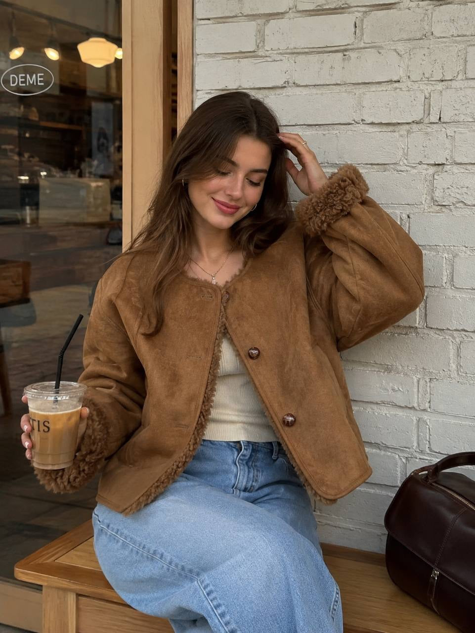 Relaxed Button-Front Jacket With Plush Trim Cuffs – Brown