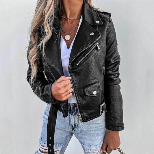 Belted Moto Jacket With Asymmetric Zip and Lapels – Black