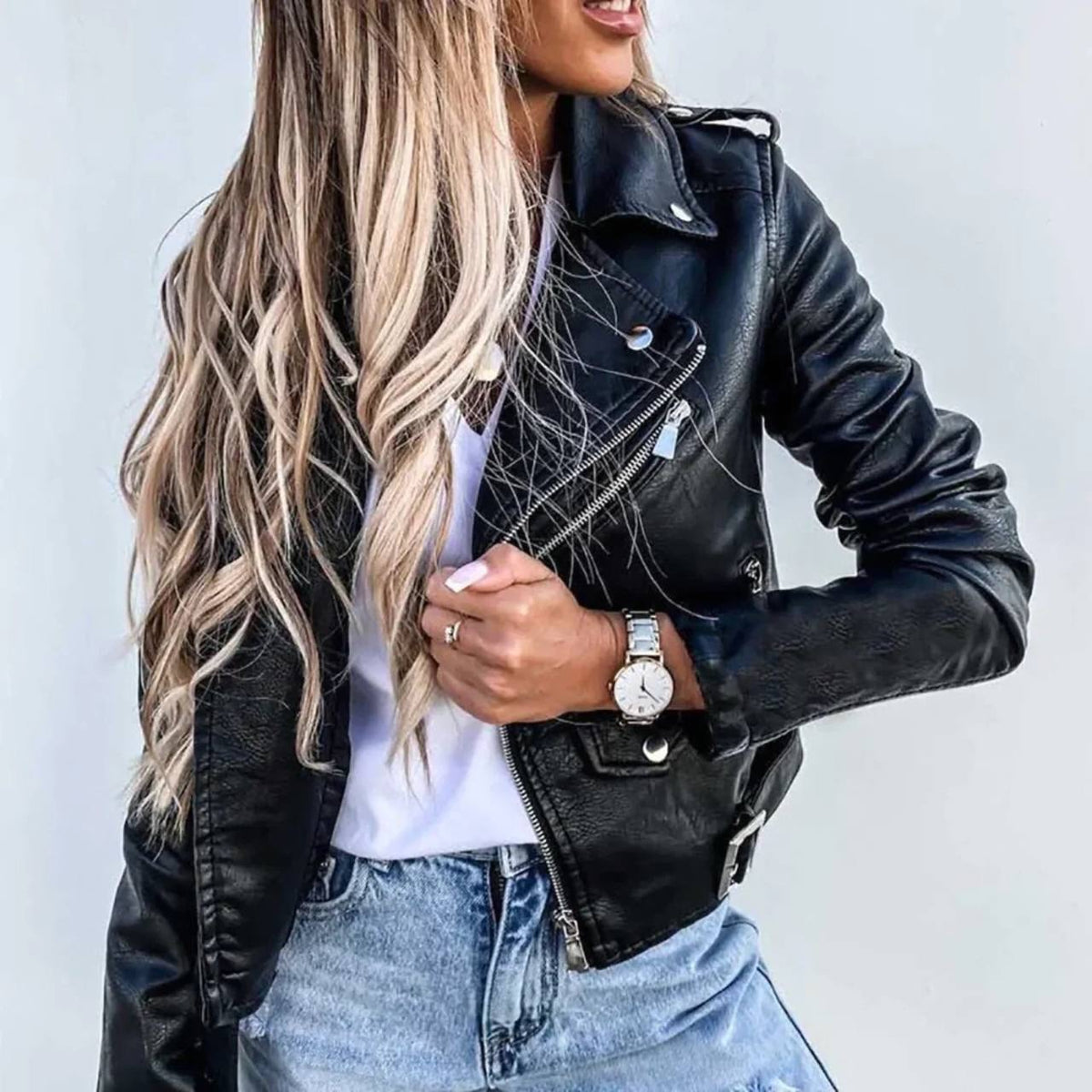 Belted Moto Jacket With Asymmetric Zip and Lapels – Black