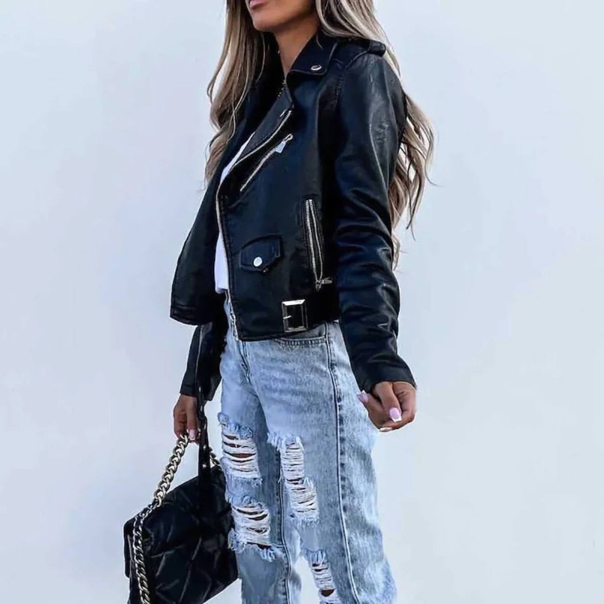 Belted Moto Jacket With Asymmetric Zip and Lapels – Black