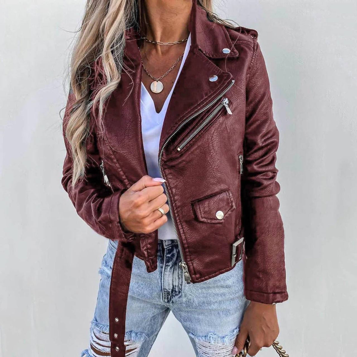 Belted Moto Jacket With Asymmetric Zip and Lapels – Burgundy