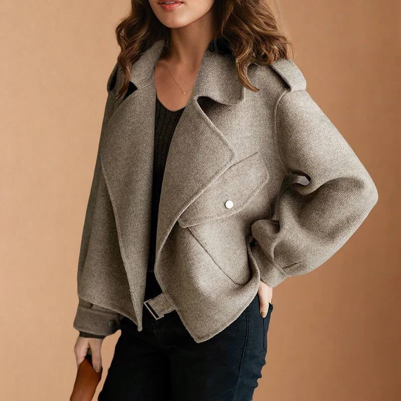 Textured Wide Lapel Jacket With Buckle Detail – Taupe
