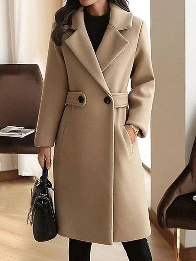Notched Lapel Coat With Button Waist Tabs – Beige
