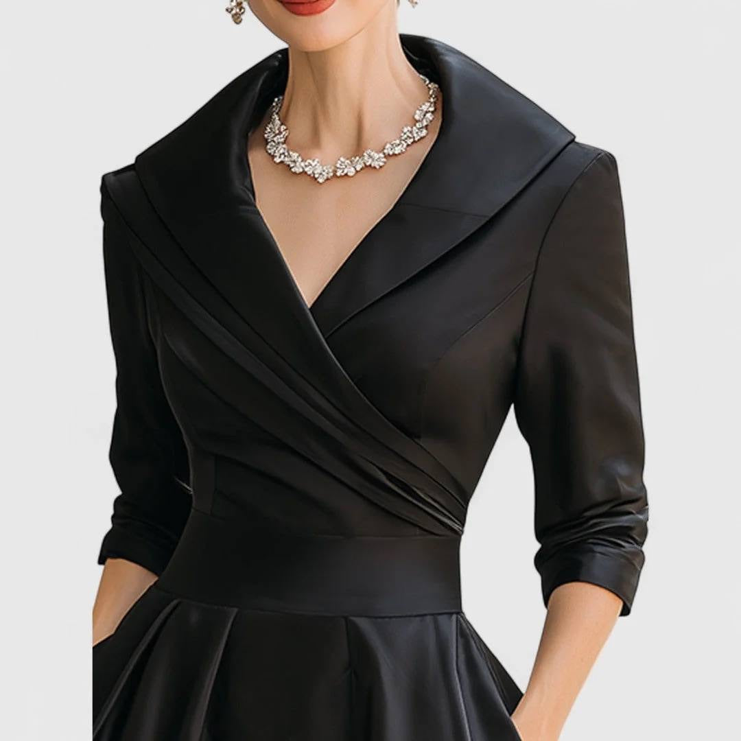 Shawl Collar Pleated Midi Dress With Side Pockets – Black