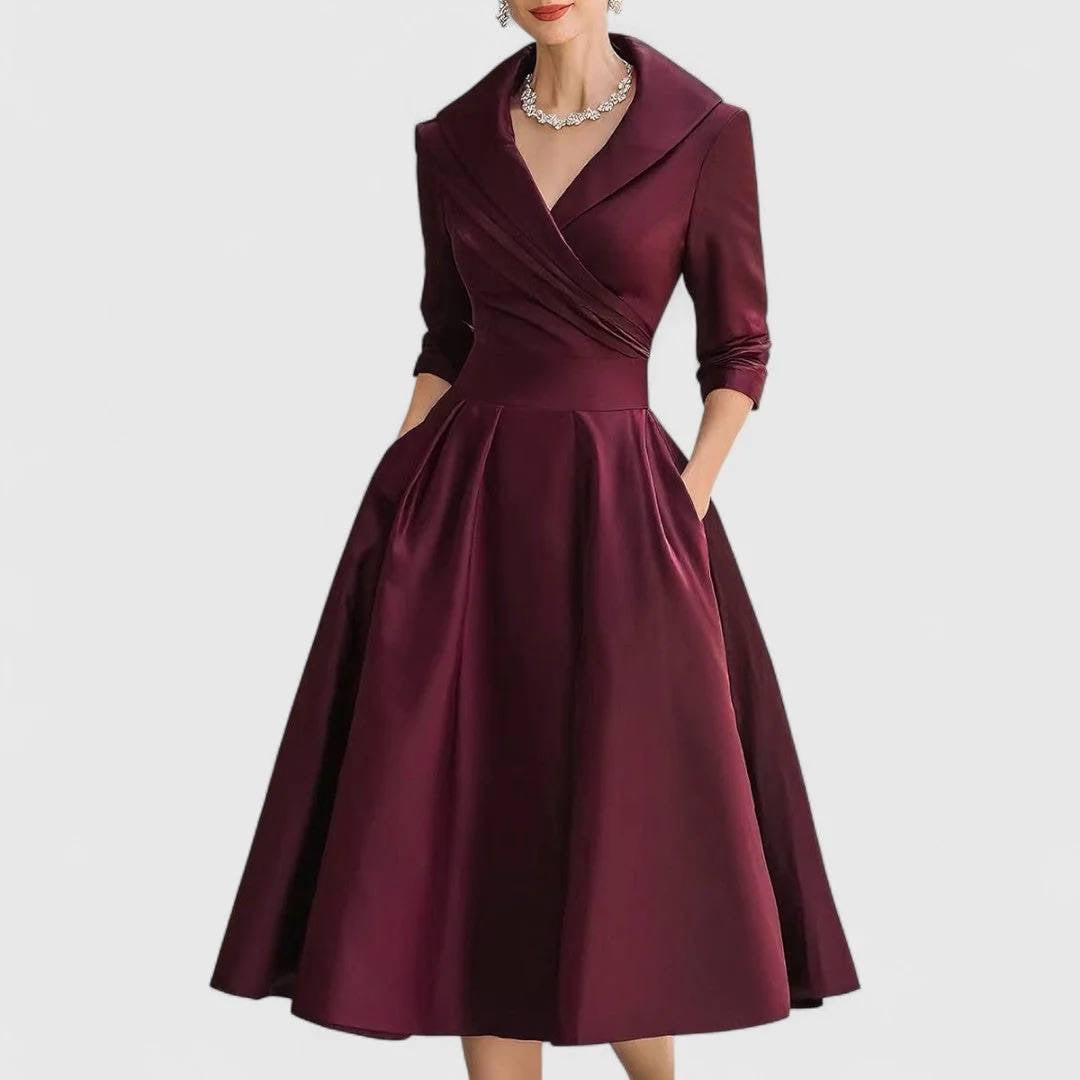 Shawl Collar Pleated Midi Dress With Side Pockets – Burgundy