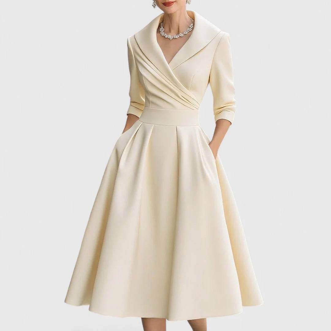 Shawl Collar Pleated Midi Dress With Side Pockets – Ivory