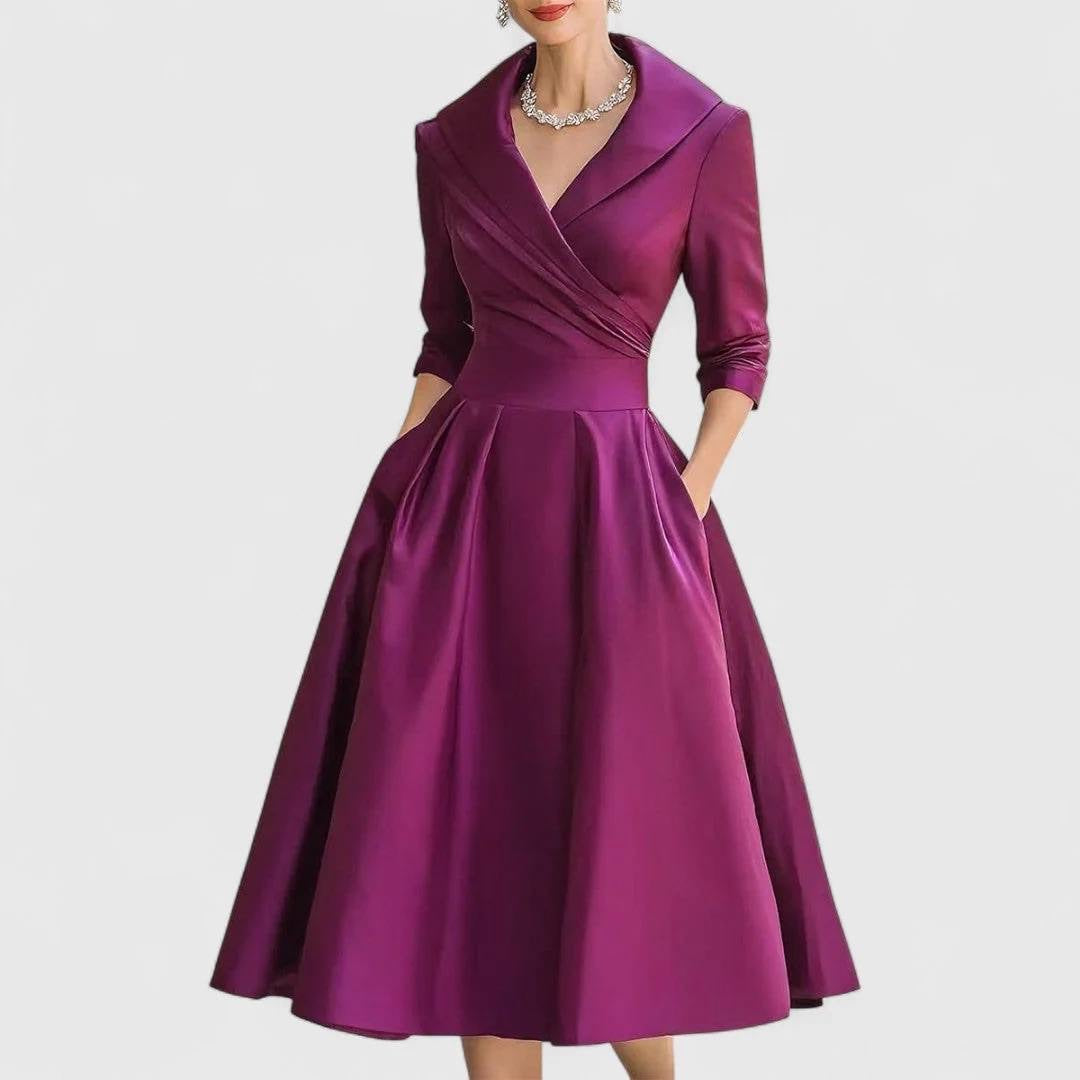 Shawl Collar Pleated Midi Dress With Side Pockets – Magenta