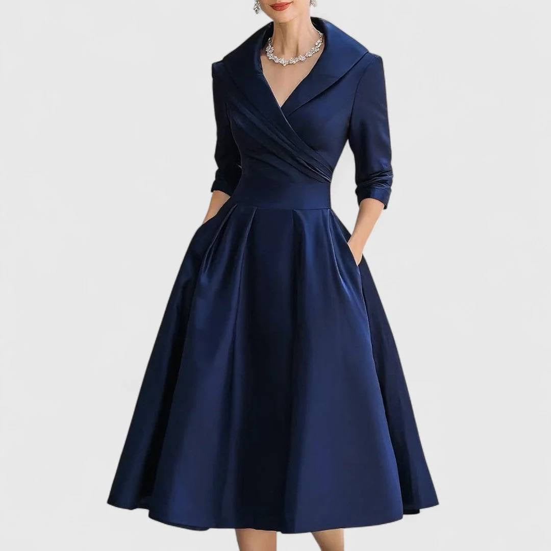 Shawl Collar Pleated Midi Dress With Side Pockets – Navy