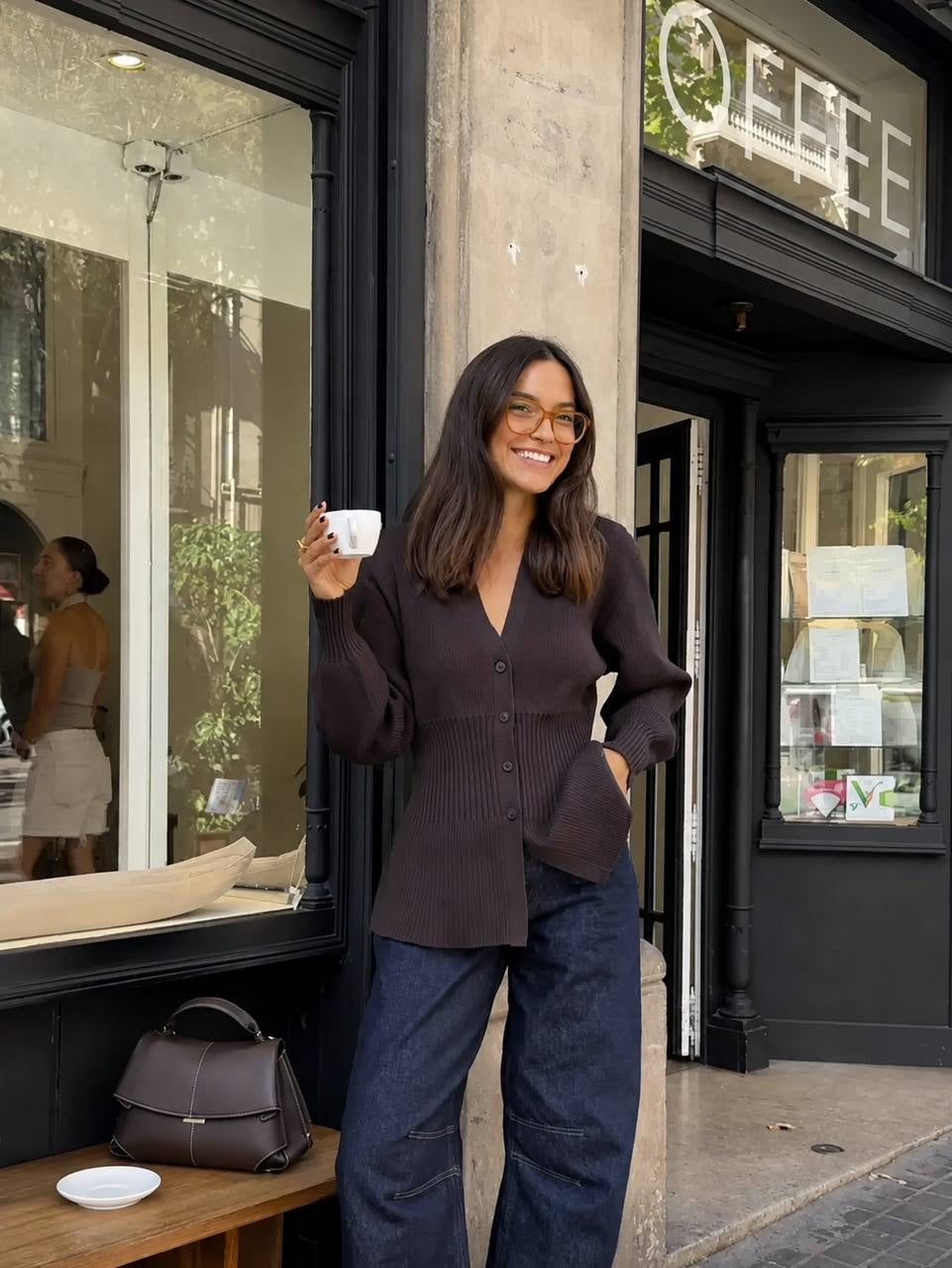 V-Neck Button-Front Cardigan With Ribbed Waist Detail – Dark Brown
