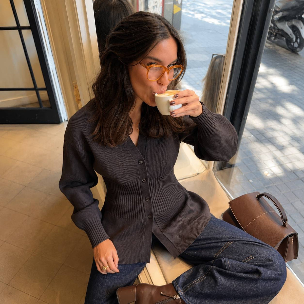 V-Neck Button-Front Cardigan With Ribbed Waist Detail – Dark Brown