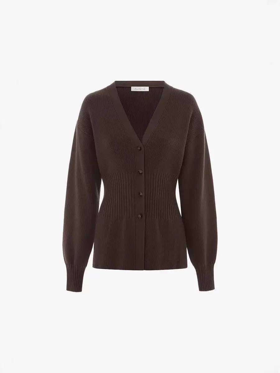 V-Neck Button-Front Cardigan With Ribbed Waist Detail – Dark Brown