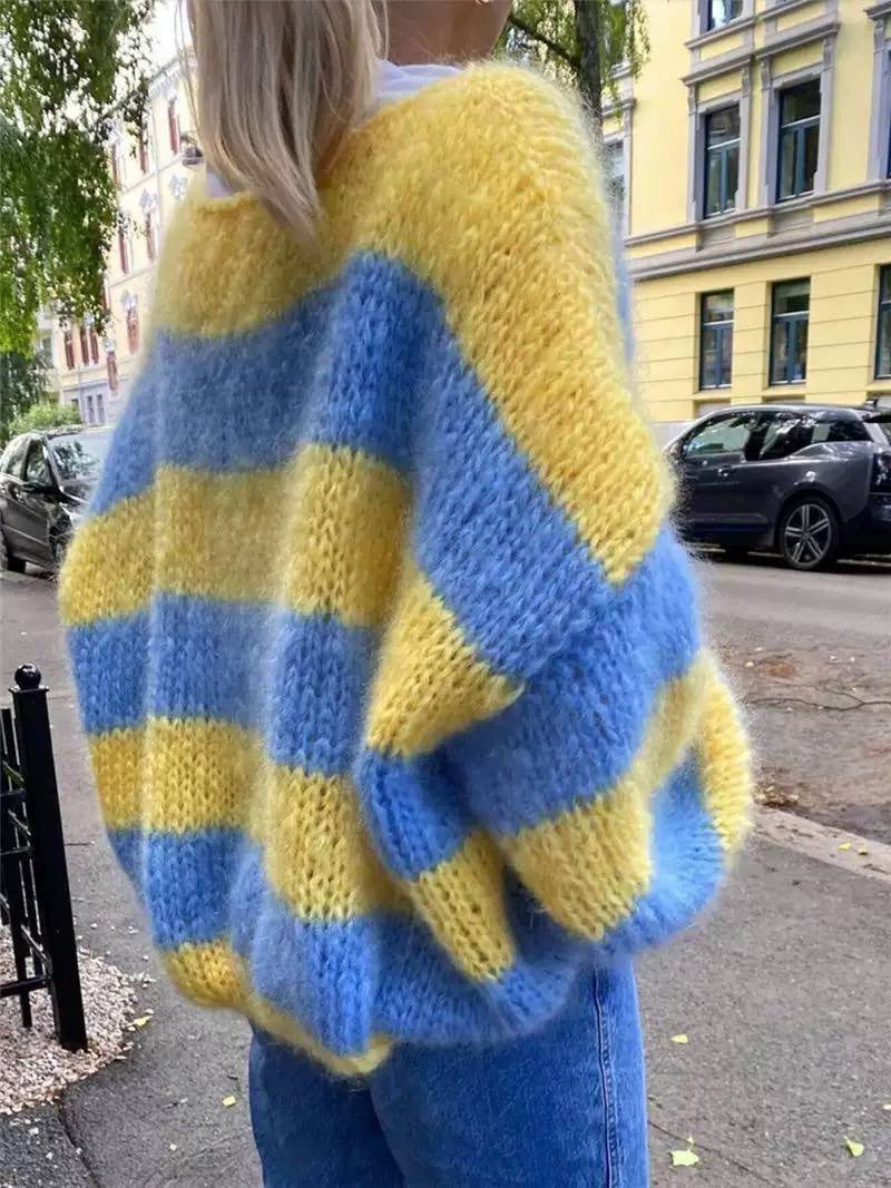 Oversized Striped Fuzzy Sweater With Long Sleeves – Blue And Yellow Stripe