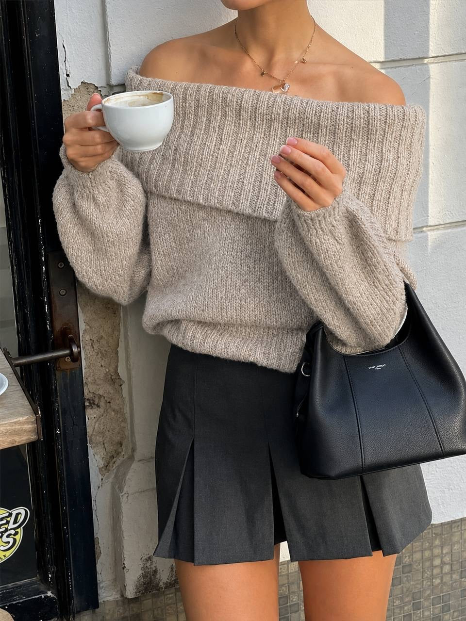 Off-Shoulder Foldover Sweater With Long Balloon Sleeves – Beige