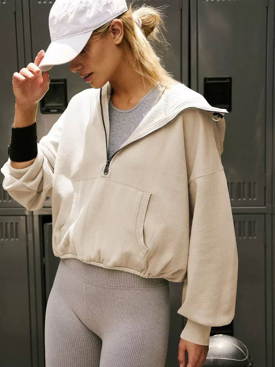Relaxed Half-Zip Sweatshirt With High Neck And Kangaroo Pocket – Beige
