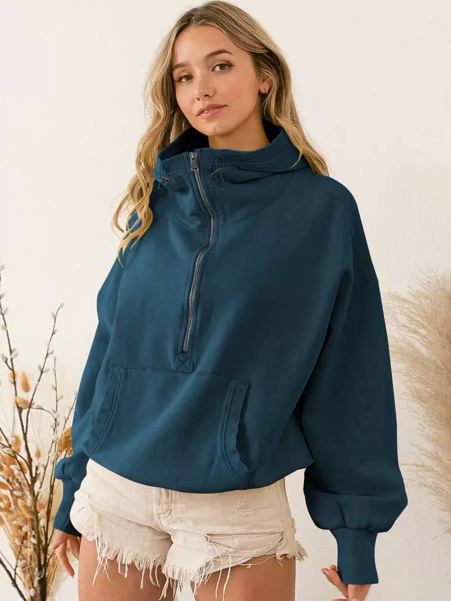 Relaxed Half-Zip Sweatshirt With High Neck And Kangaroo Pocket – Teal