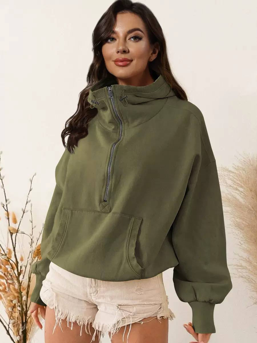 Relaxed Half-Zip Sweatshirt With High Neck And Kangaroo Pocket – Olive
