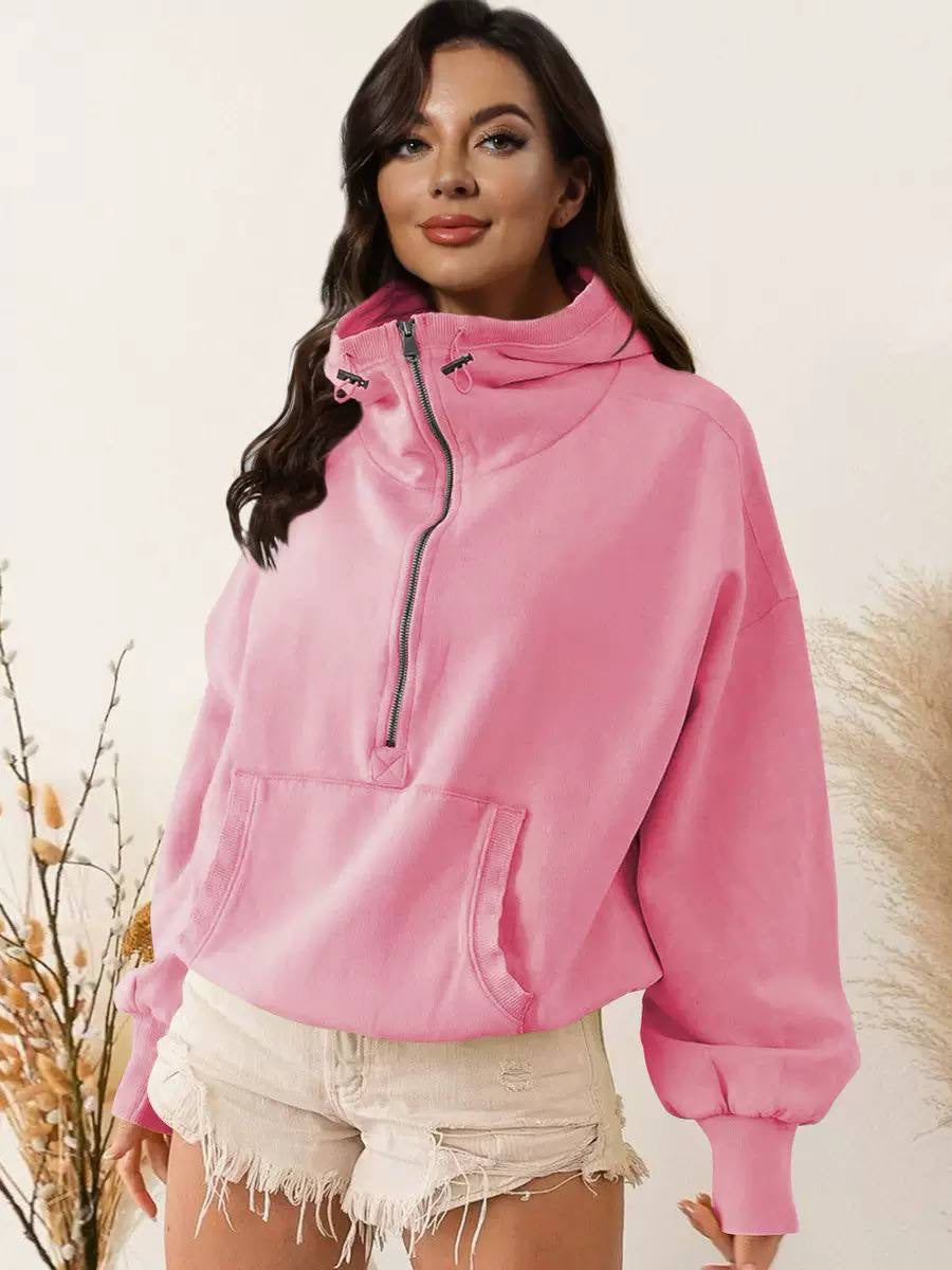 Relaxed Half-Zip Sweatshirt With High Neck And Kangaroo Pocket – Pink