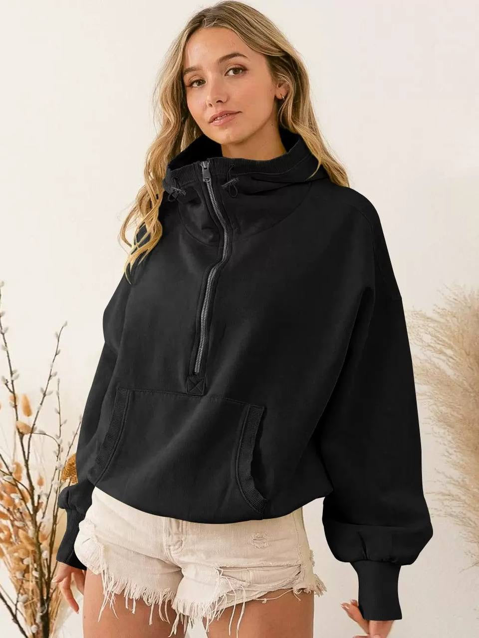 Relaxed Half-Zip Sweatshirt With High Neck And Kangaroo Pocket – Black