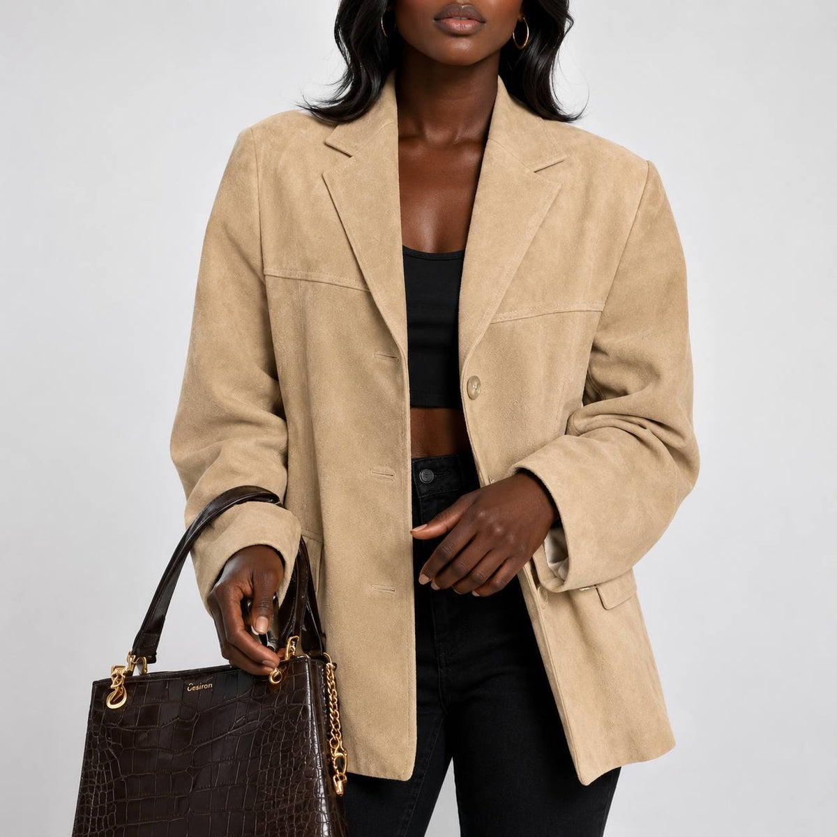 Relaxed Notched Lapel Blazer With Button Front – Beige