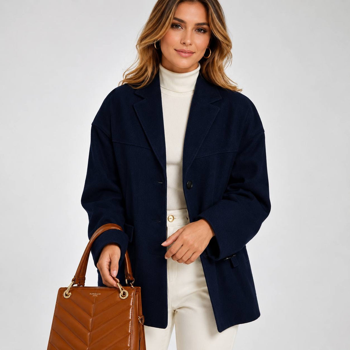 Relaxed Notched Lapel Blazer With Button Front – Navy
