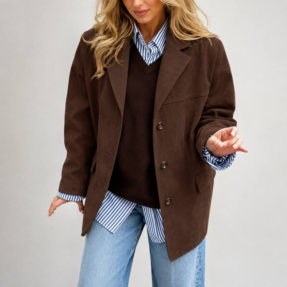 Relaxed Notched Lapel Blazer With Button Front – Dark Brown