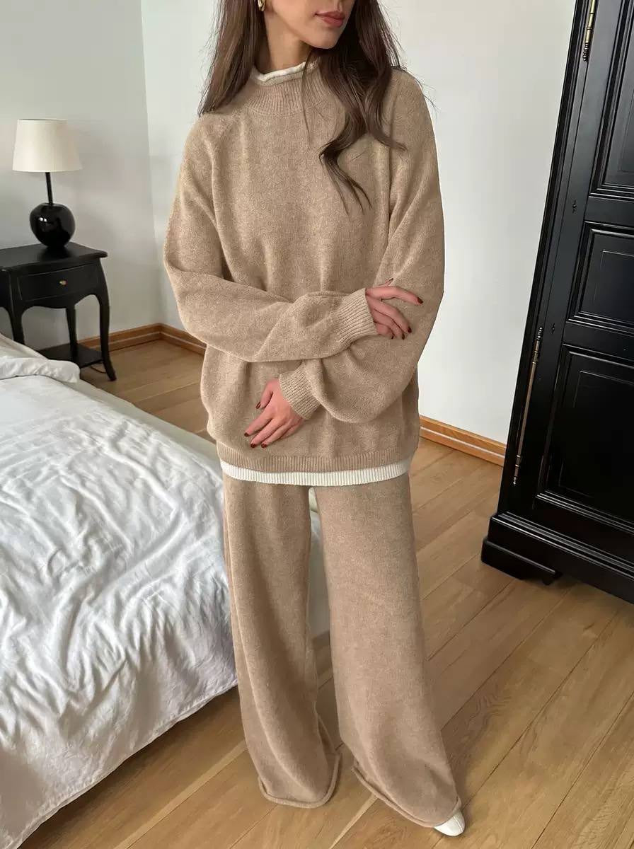 Relaxed Long Sleeve Sweater And Wide-Leg Pants Set – Beige