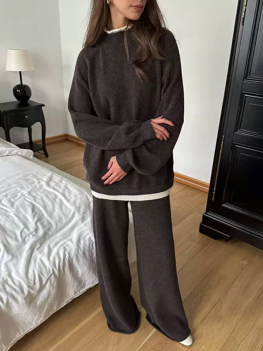 Relaxed Long Sleeve Sweater And Wide-Leg Pants Set – Dark Brown