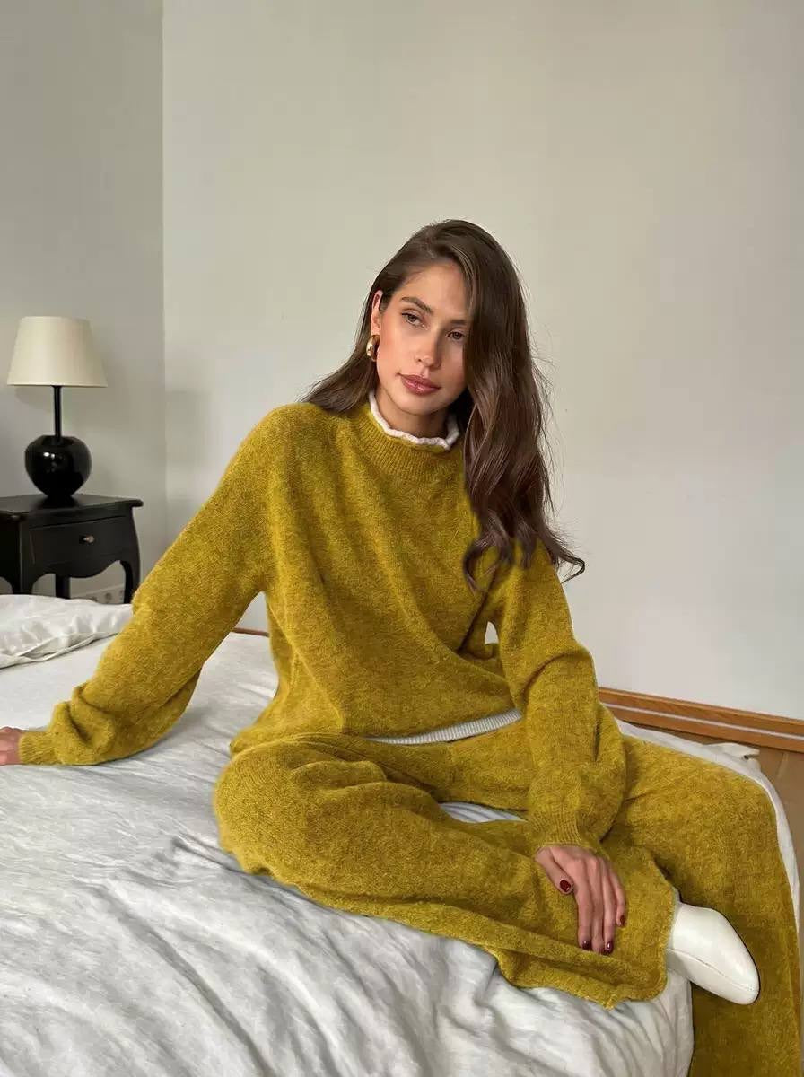 Relaxed Long Sleeve Sweater And Wide-Leg Pants Set – Mustard