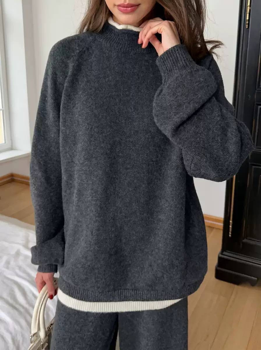 Relaxed Long Sleeve Sweater And Wide-Leg Pants Set – Charcoal