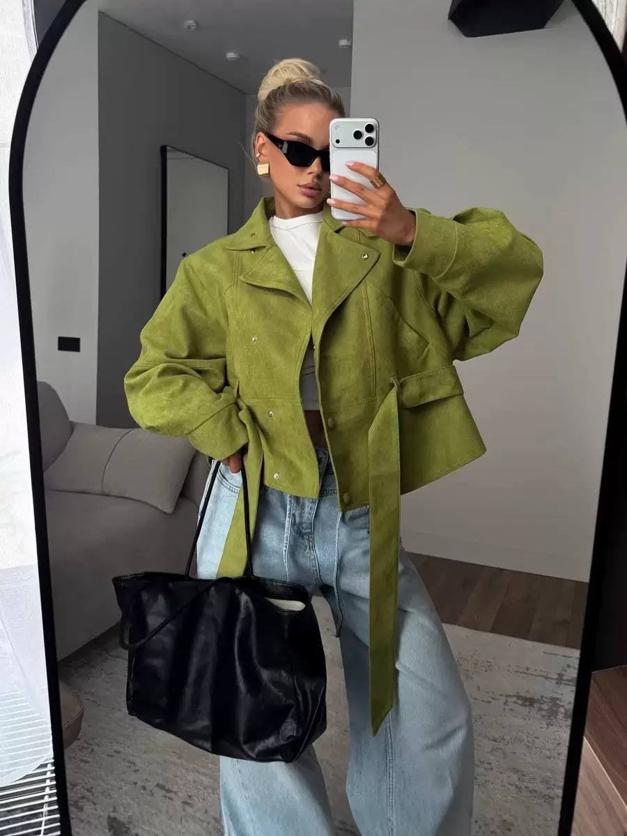 Belted Cropped Jacket With Wide Lapels And Balloon Sleeves – Green
