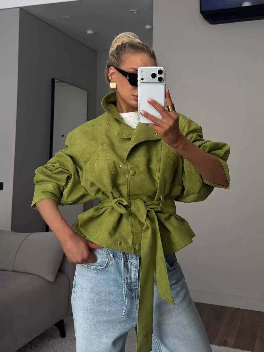 Belted Cropped Jacket With Wide Lapels And Balloon Sleeves – Green