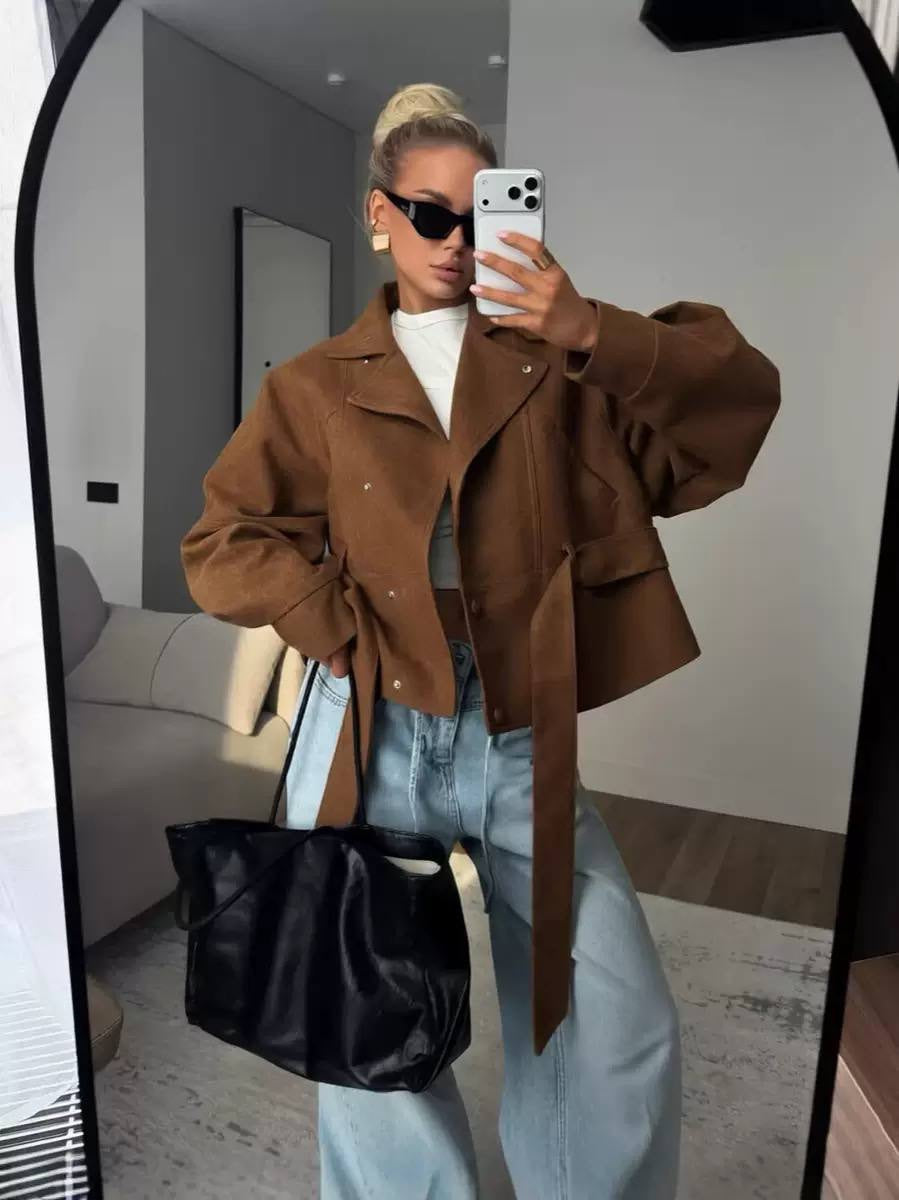 Belted Cropped Jacket With Wide Lapels And Balloon Sleeves – Brown