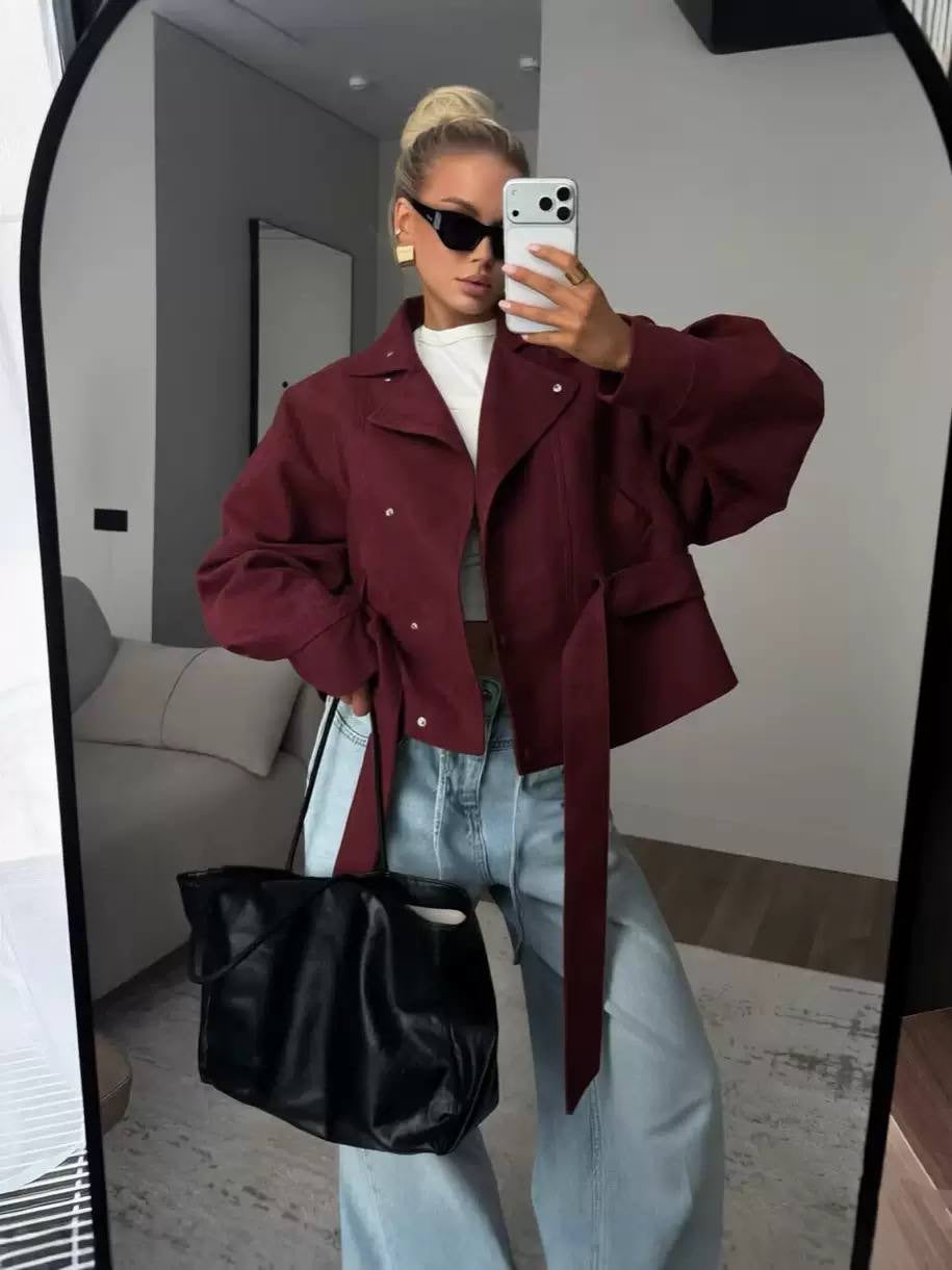 Belted Cropped Jacket With Wide Lapels And Balloon Sleeves – Burgundy