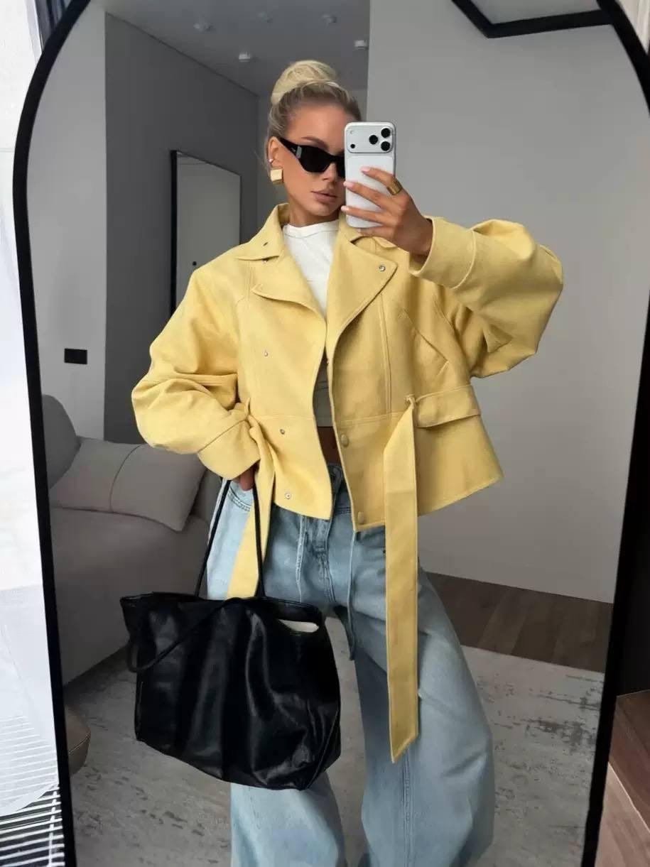 Belted Cropped Jacket With Wide Lapels And Balloon Sleeves – Yellow
