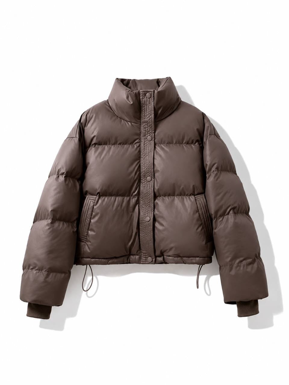Relaxed Quilted Puffer Jacket With Stand Collar – Brown
